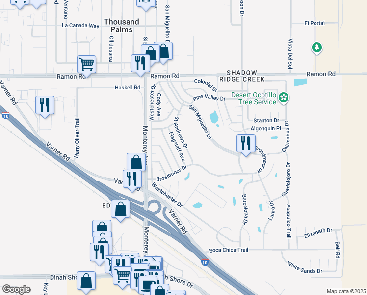 map of restaurants, bars, coffee shops, grocery stores, and more near 32765 Saint Andrews Drive in Thousand Palms
