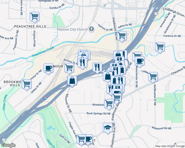 map of restaurants, bars, coffee shops, grocery stores, and more near Buford Spring Connector in Atlanta