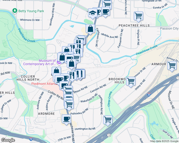 map of restaurants, bars, coffee shops, grocery stores, and more near 40 Peachtree Valley Road Northeast in Atlanta