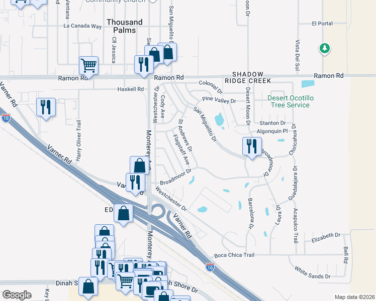 map of restaurants, bars, coffee shops, grocery stores, and more near 32765 Saint Andrews Drive in Thousand Palms