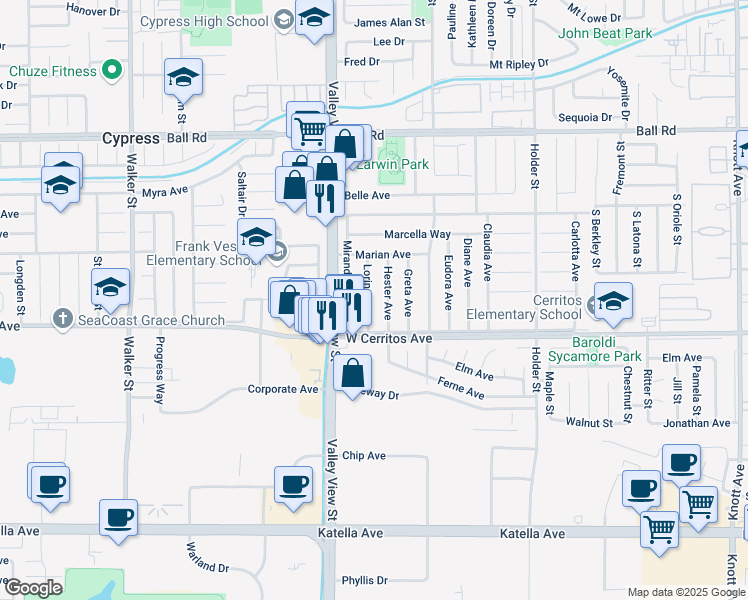 map of restaurants, bars, coffee shops, grocery stores, and more near 10410 Lorinda Avenue in Buena Park