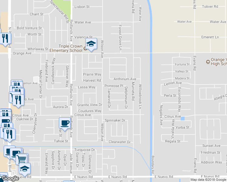 map of restaurants, bars, coffee shops, grocery stores, and more near 674 Myrtle Avenue in Perris