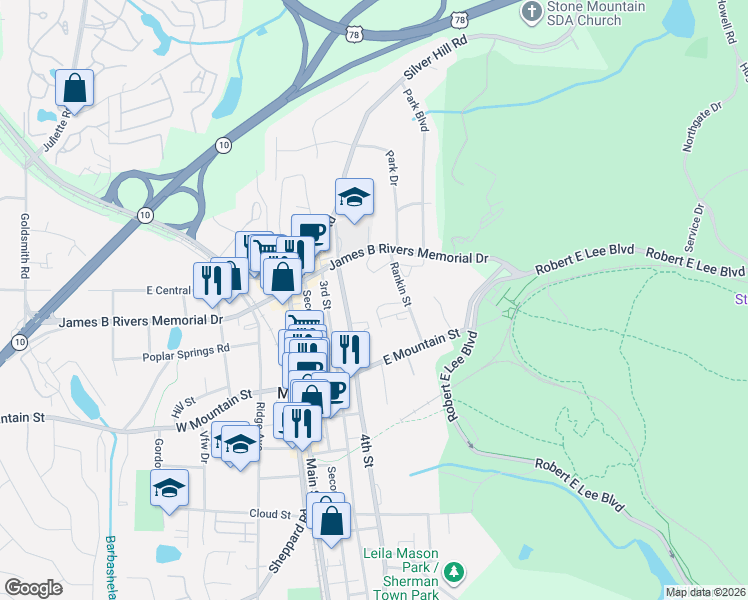 map of restaurants, bars, coffee shops, grocery stores, and more near 1101 4th Street in Stone Mountain