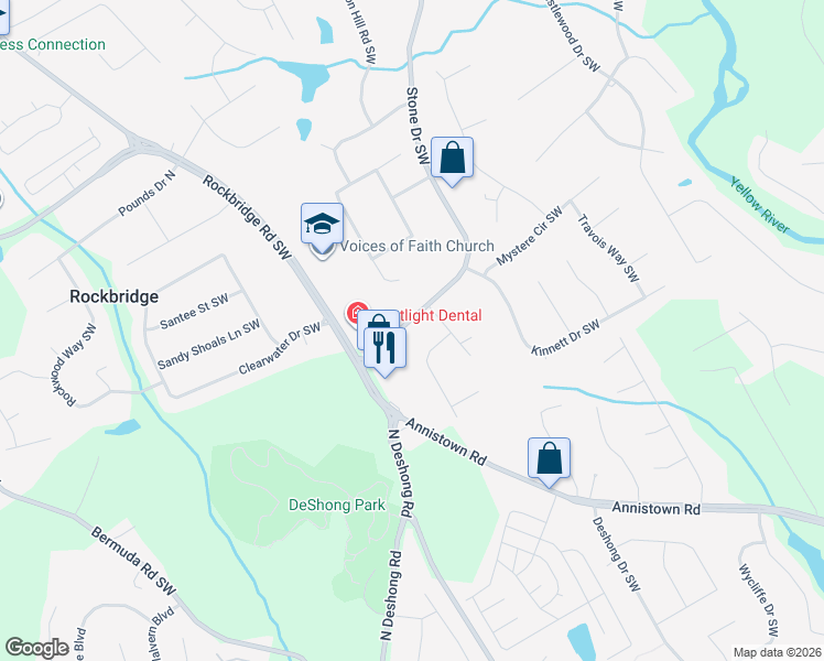 map of restaurants, bars, coffee shops, grocery stores, and more near 2632 Stone Drive Southwest in Lilburn