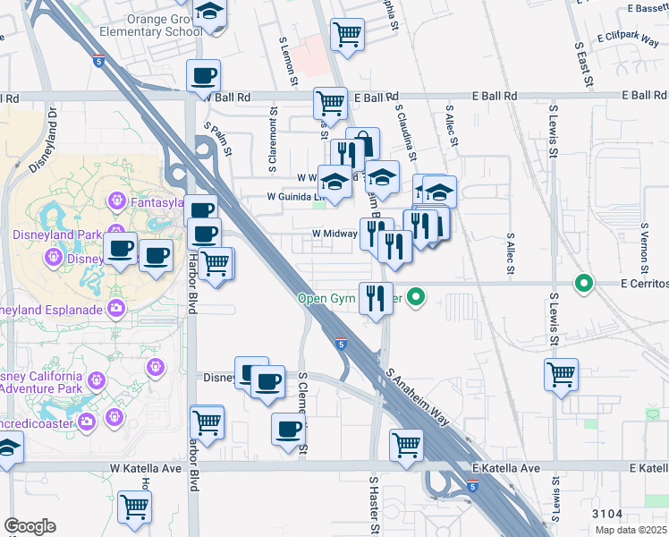 map of restaurants, bars, coffee shops, grocery stores, and more near 547 Cherry Street in Anaheim