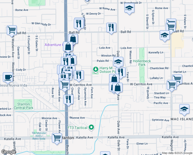 map of restaurants, bars, coffee shops, grocery stores, and more near 10390 Fern Avenue in Stanton