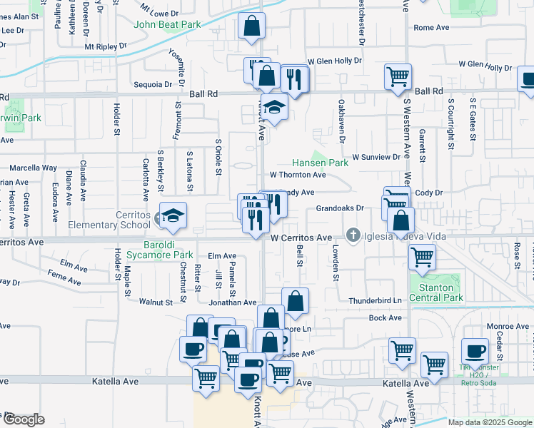 map of restaurants, bars, coffee shops, grocery stores, and more near 10431 Knott Avenue in Stanton