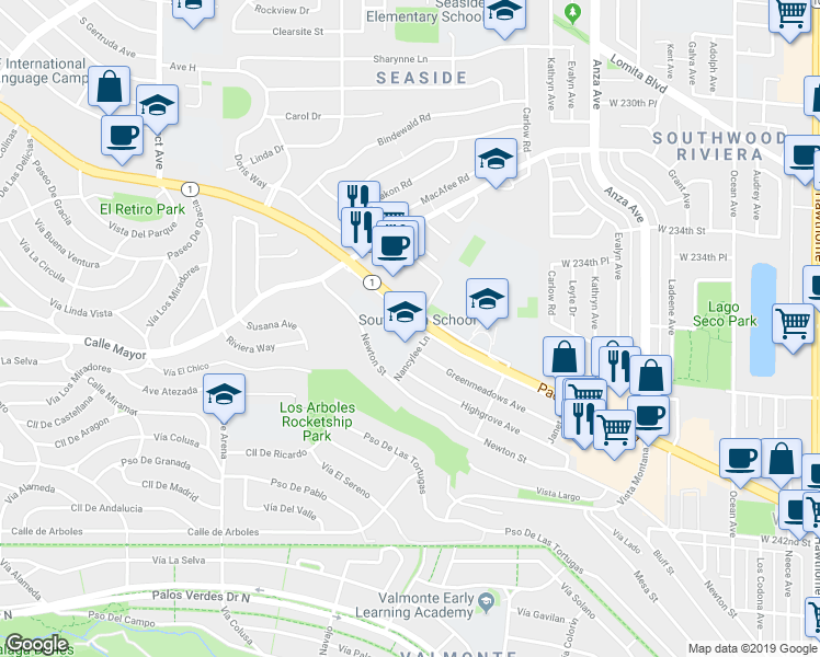 map of restaurants, bars, coffee shops, grocery stores, and more near 4847 California 1 in Torrance