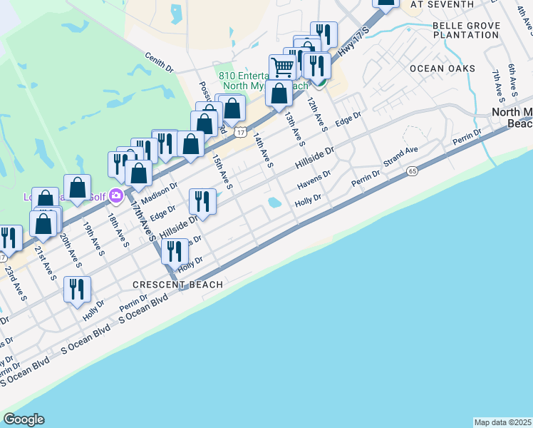 map of restaurants, bars, coffee shops, grocery stores, and more near 1417 Havens Drive in North Myrtle Beach