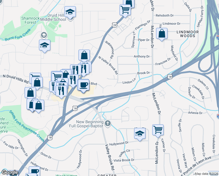 map of restaurants, bars, coffee shops, grocery stores, and more near 2064 Brian Way in Decatur