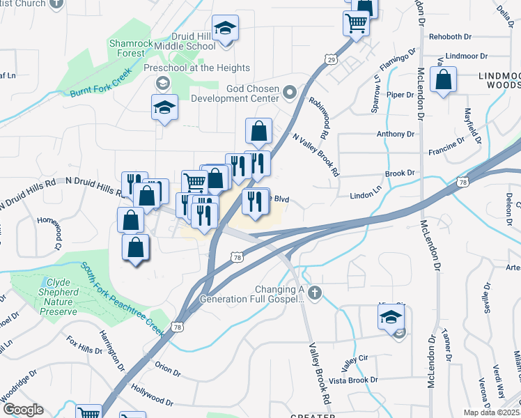map of restaurants, bars, coffee shops, grocery stores, and more near 2914 White Blvd in Decatur