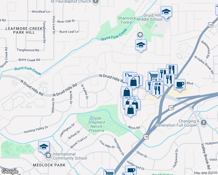 map of restaurants, bars, coffee shops, grocery stores, and more near 3743 North Druid Hills Road Northeast in Decatur