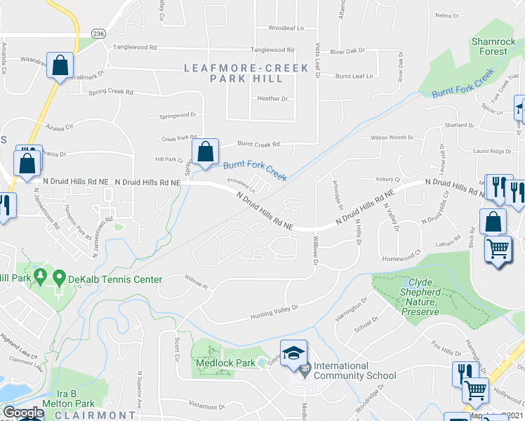 map of restaurants, bars, coffee shops, grocery stores, and more near 3442 North Druid Hills Road Northeast in Decatur