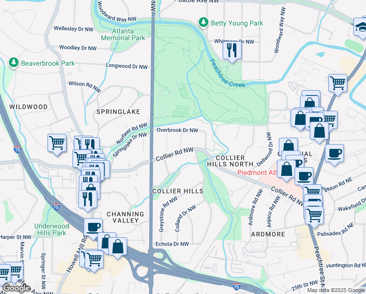 map of restaurants, bars, coffee shops, grocery stores, and more near 2065 Evergreen Lane Northwest in Atlanta