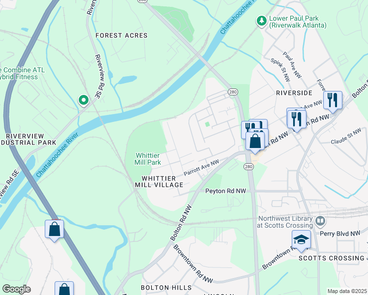 map of restaurants, bars, coffee shops, grocery stores, and more near 2084 Old Georgian Terrace in Atlanta