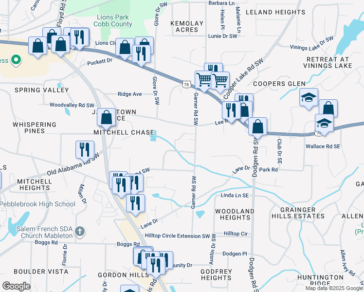 map of restaurants, bars, coffee shops, grocery stores, and more near 5851 Lone Oak Drive Southwest in Mableton