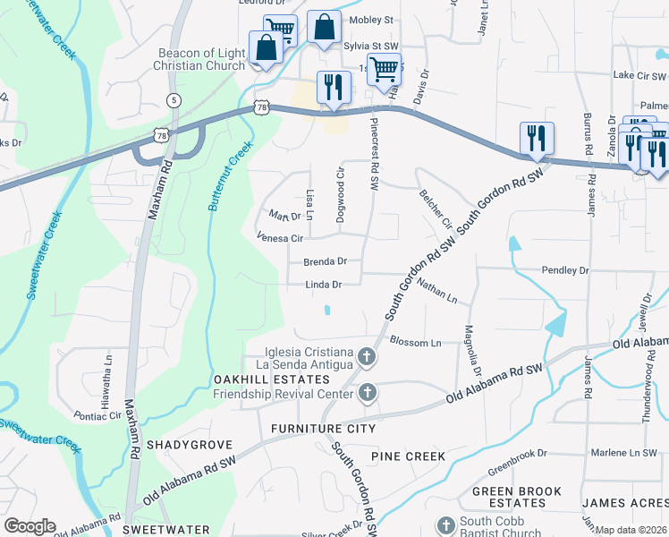 map of restaurants, bars, coffee shops, grocery stores, and more near 1929 Brenda Drive in Austell