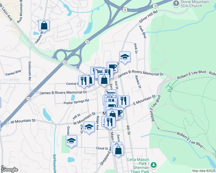 map of restaurants, bars, coffee shops, grocery stores, and more near 6655 James B Rivers Memorial Drive in Stone Mountain