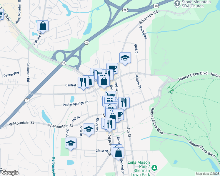 map of restaurants, bars, coffee shops, grocery stores, and more near 6655 James B Rivers Memorial Drive in Stone Mountain