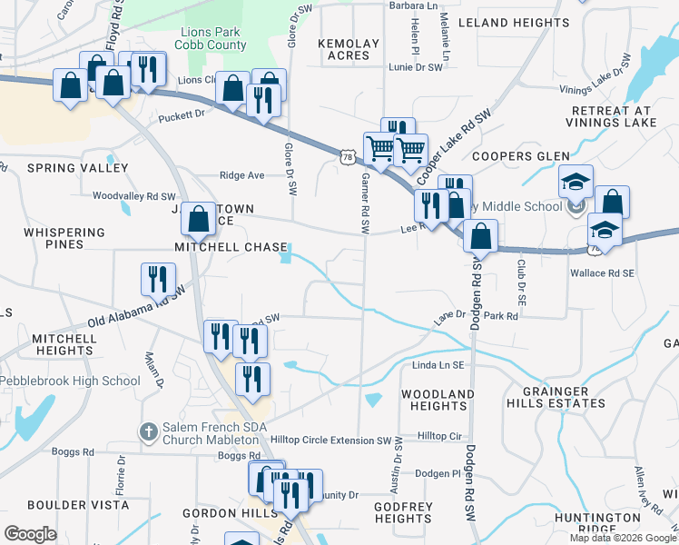 map of restaurants, bars, coffee shops, grocery stores, and more near 5851 Lone Oak Drive Southwest in Mableton