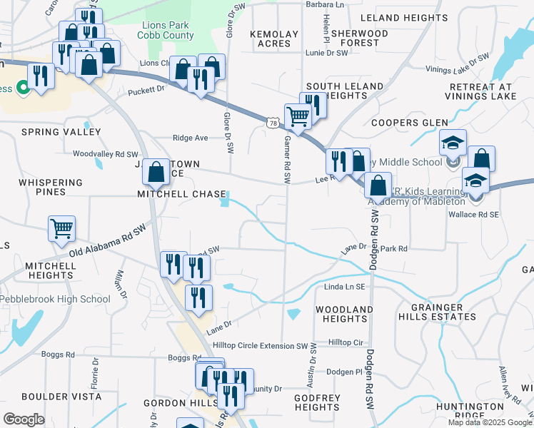 map of restaurants, bars, coffee shops, grocery stores, and more near 5889 Lone Oak Drive Southwest in Mableton