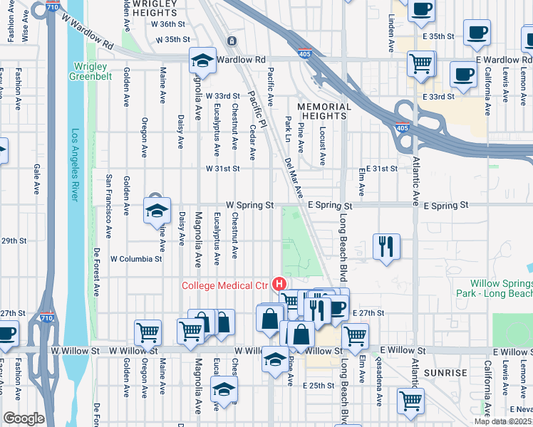 map of restaurants, bars, coffee shops, grocery stores, and more near 2975 Pacific Avenue in Long Beach