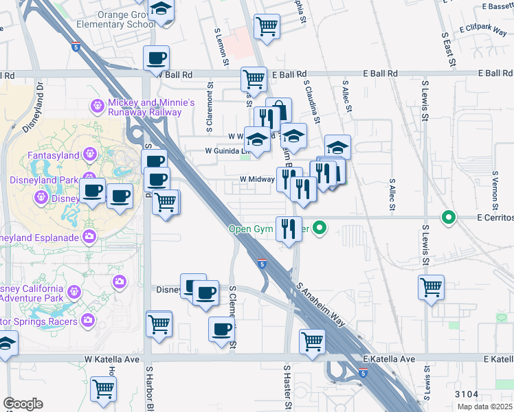 map of restaurants, bars, coffee shops, grocery stores, and more near 100 West Midway Drive in Anaheim