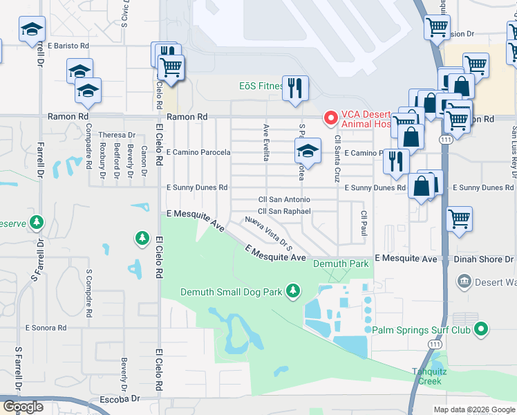 map of restaurants, bars, coffee shops, grocery stores, and more near 3864 Calle San Raphael in Palm Springs