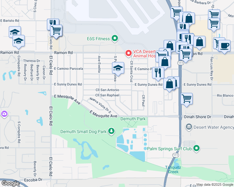 map of restaurants, bars, coffee shops, grocery stores, and more near 4114 Calle San Raphael in Palm Springs