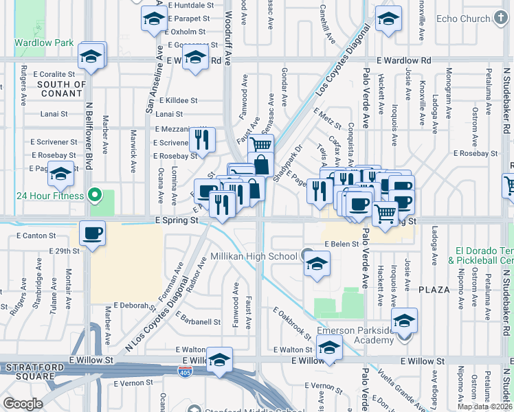 map of restaurants, bars, coffee shops, grocery stores, and more near 3162 Woodruff Avenue in Long Beach