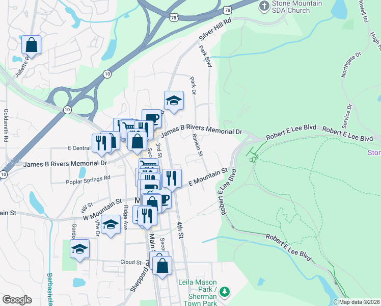map of restaurants, bars, coffee shops, grocery stores, and more near 1150 Rankin Street in Stone Mountain