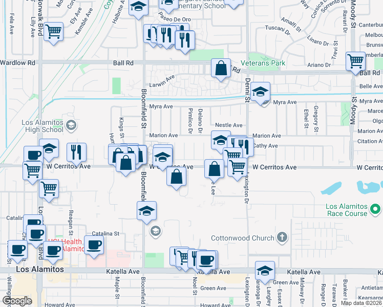 map of restaurants, bars, coffee shops, grocery stores, and more near 10455 Santa Marta Street in Cypress