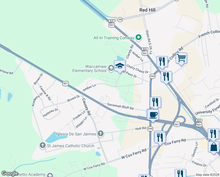 map of restaurants, bars, coffee shops, grocery stores, and more near 240 Amber Lane in Conway