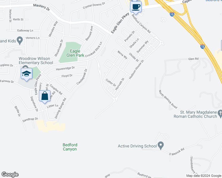 map of restaurants, bars, coffee shops, grocery stores, and more near 2521 Verna Drive in Corona