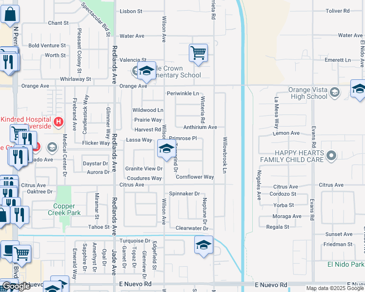map of restaurants, bars, coffee shops, grocery stores, and more near 674 Myrtle Avenue in Perris