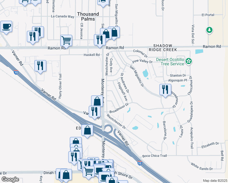 map of restaurants, bars, coffee shops, grocery stores, and more near 32660 Bloomfield Avenue in Thousand Palms