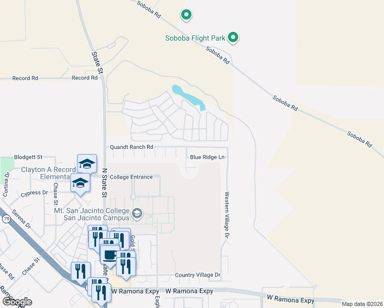 map of restaurants, bars, coffee shops, grocery stores, and more near 363 Blue Ridge Lane in San Jacinto