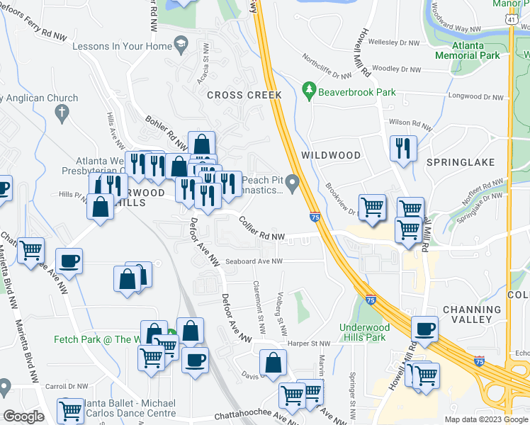 map of restaurants, bars, coffee shops, grocery stores, and more near 1101 Collier Road Northwest in Atlanta