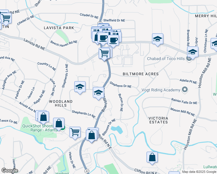 map of restaurants, bars, coffee shops, grocery stores, and more near 1107 Briar Cove Circle in Atlanta