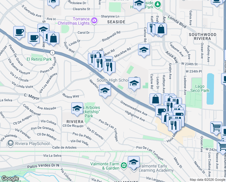 map of restaurants, bars, coffee shops, grocery stores, and more near 4847 California 1 in Torrance
