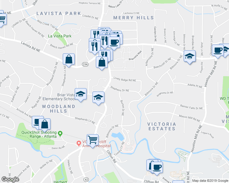 map of restaurants, bars, coffee shops, grocery stores, and more near 1381 Stephens Drive Northeast in Atlanta