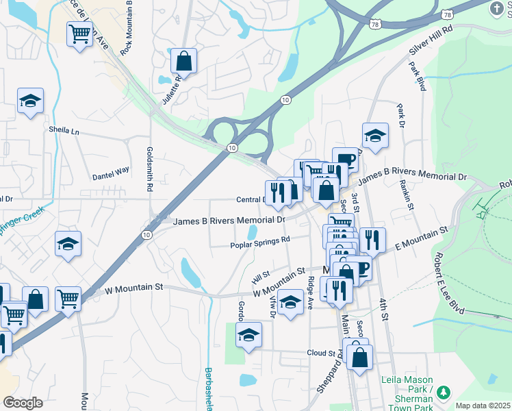 map of restaurants, bars, coffee shops, grocery stores, and more near 5215 East Central Drive in Stone Mountain
