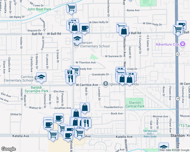map of restaurants, bars, coffee shops, grocery stores, and more near 7230 Grandoaks Drive in Stanton