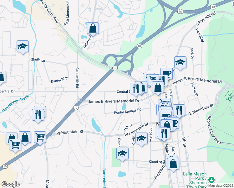 map of restaurants, bars, coffee shops, grocery stores, and more near 5175 Central Drive in Stone Mountain