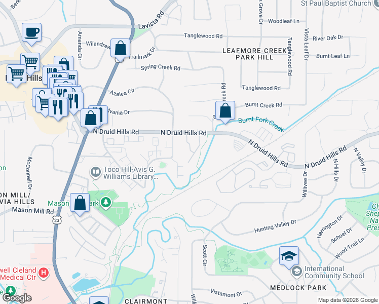 map of restaurants, bars, coffee shops, grocery stores, and more near 1125 Moorestown Circle in Decatur