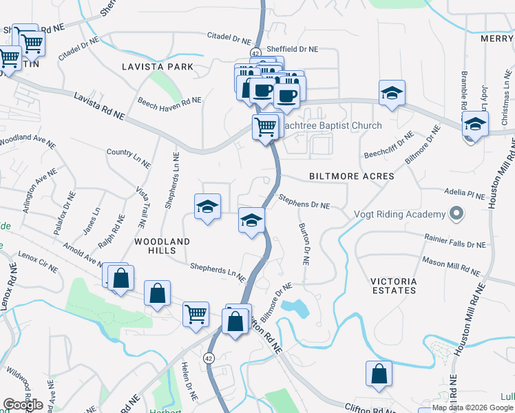 map of restaurants, bars, coffee shops, grocery stores, and more near 1273 Euclade Court Northeast in Atlanta