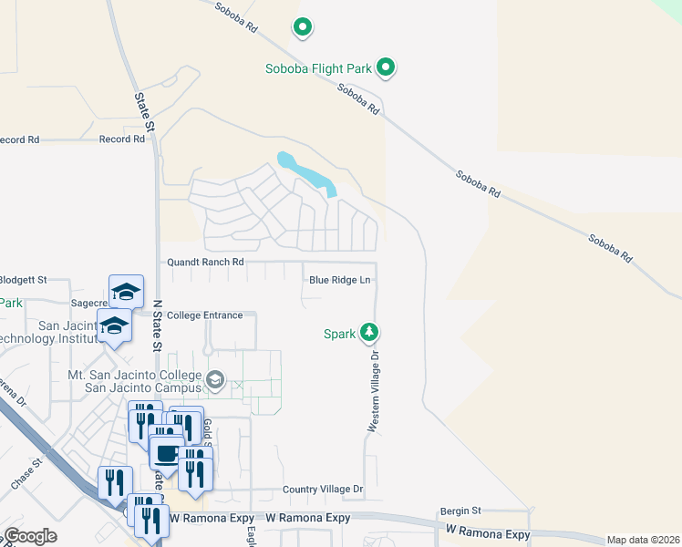 map of restaurants, bars, coffee shops, grocery stores, and more near 285 Blue Ridge Lane in San Jacinto