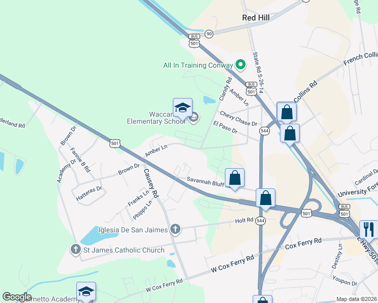 map of restaurants, bars, coffee shops, grocery stores, and more near 240 Amber Lane in Conway