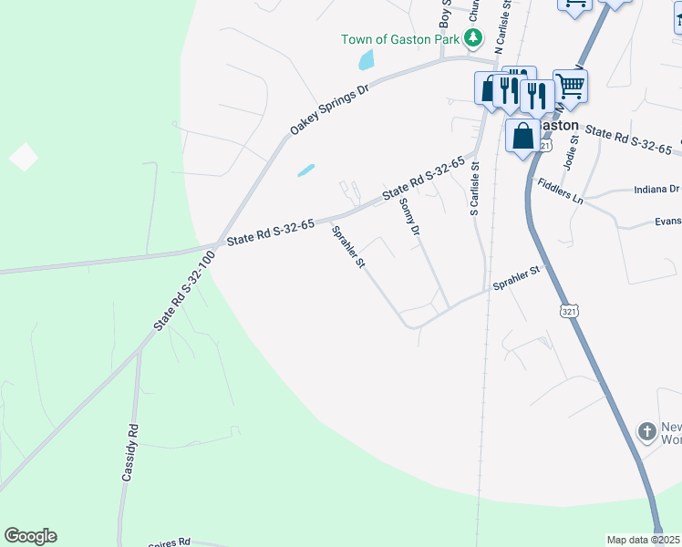 map of restaurants, bars, coffee shops, grocery stores, and more near 362 Sprahler Street in Gaston