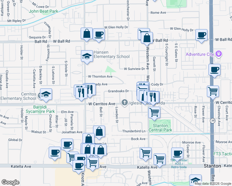map of restaurants, bars, coffee shops, grocery stores, and more near 7230 Grandoaks Drive in Stanton